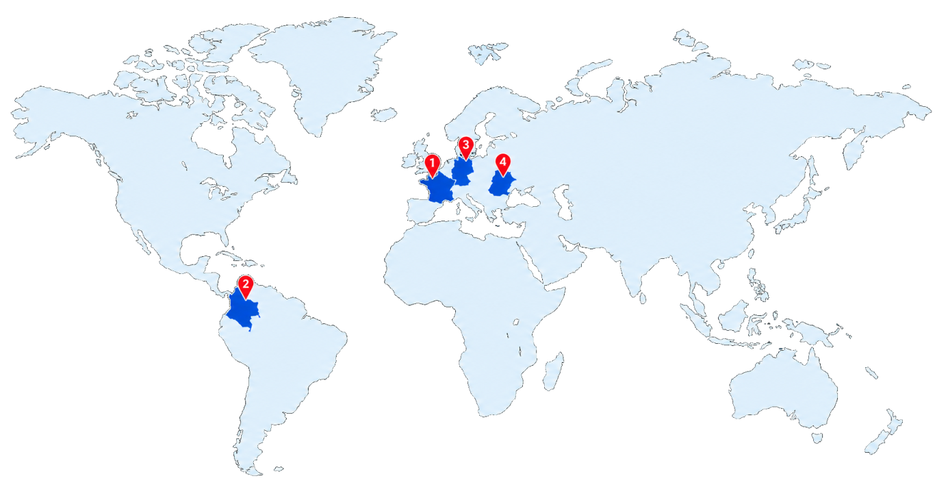 World map showing Aguatura's water and biodiversity projects in Europe, South America, and the world