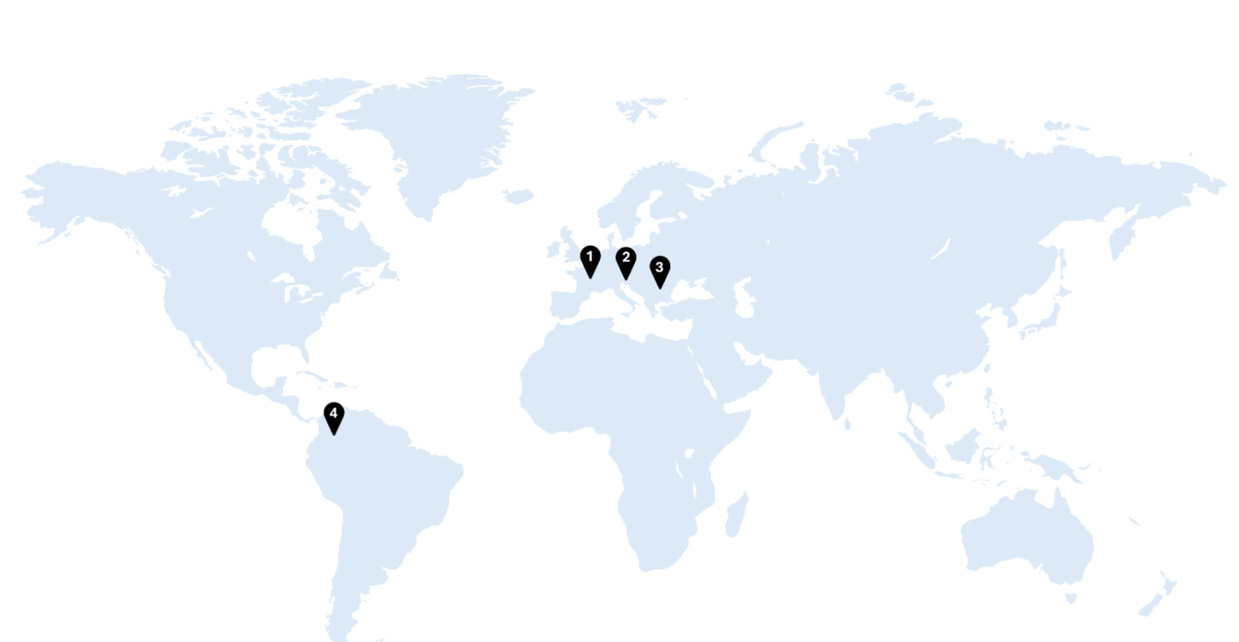 World map showing Aguatura's water and biodiversity projects in Europe, South America, and the world